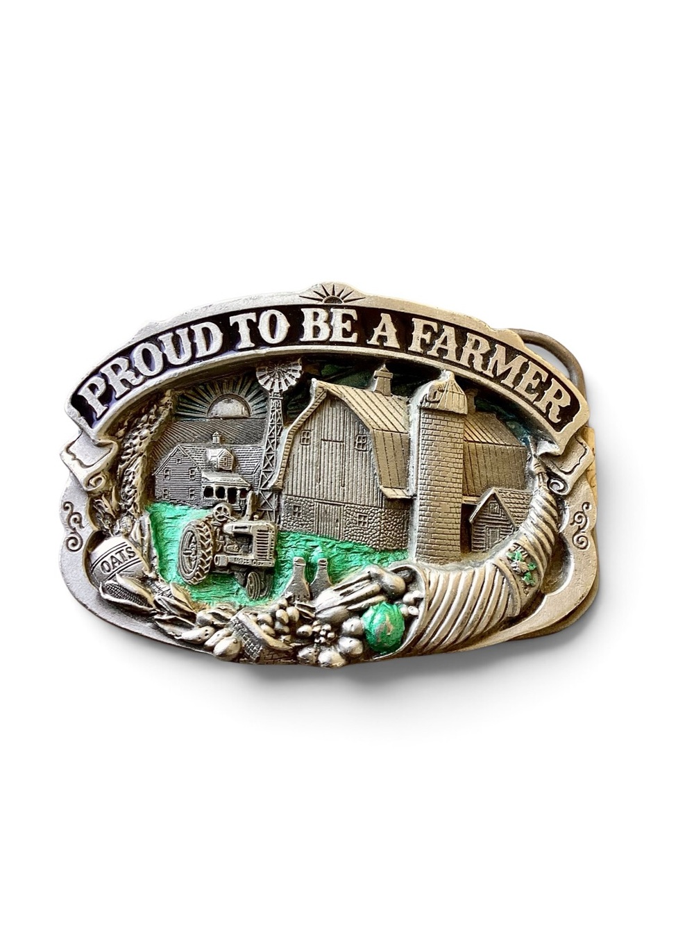 Vintage 1984 Pewter “Proud to Be a Farmer" Belt Buckle Great American Buckle Co